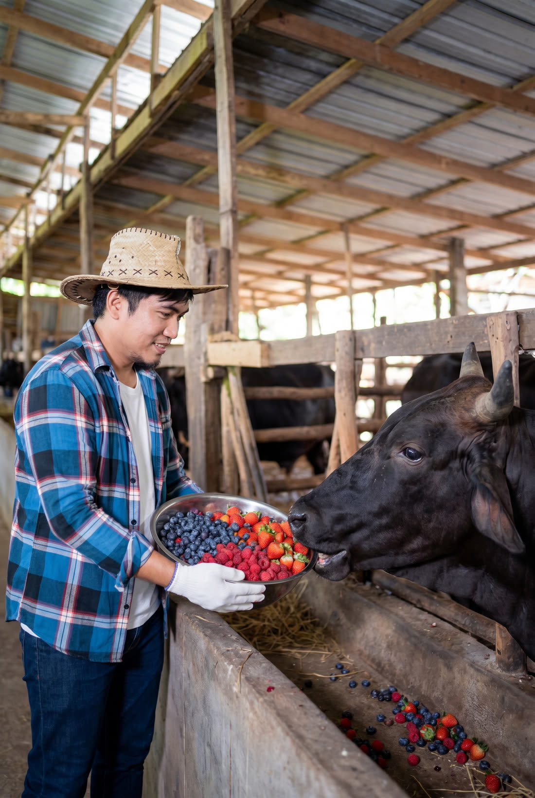 Çiftçi, ahırda siyah Wagyu sığırına özel besleme olarak taze meyve veriyor